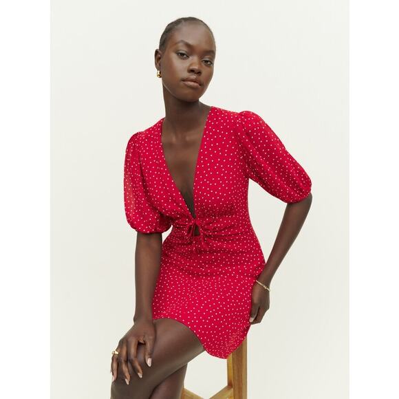 Reformation Cressida Puff Sleeve Mini Dress Red Polka Dot Cut Out Zip Sz 2 - Picture 2 of 10